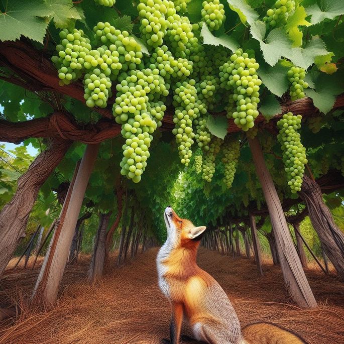 Uma raposa frustrada parada no chão, olhando para um cacho de uvas pendurado no alto de uma videira, fora de seu alcance.