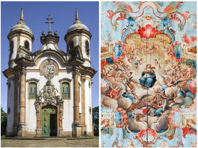 Arquitetura da Igreja de São Francisco de Assis em Ouro Preto e pintura da glorificação de Nossa Senhora entre anjos músicos no forro da nave, ao interior dessa igreja.