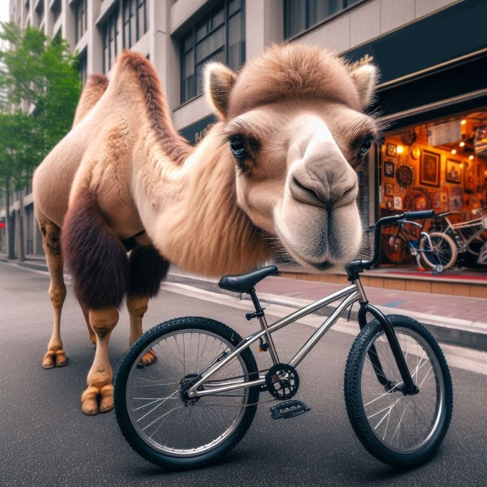 Camelo olhando curioso para uma bicicleta em um cenário urbano