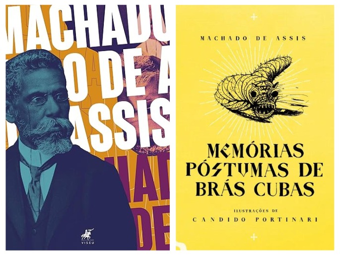 Capas de livros de Machado de Assis: “Obras completas” e “Memórias Póstumas de Brás Cubas”.