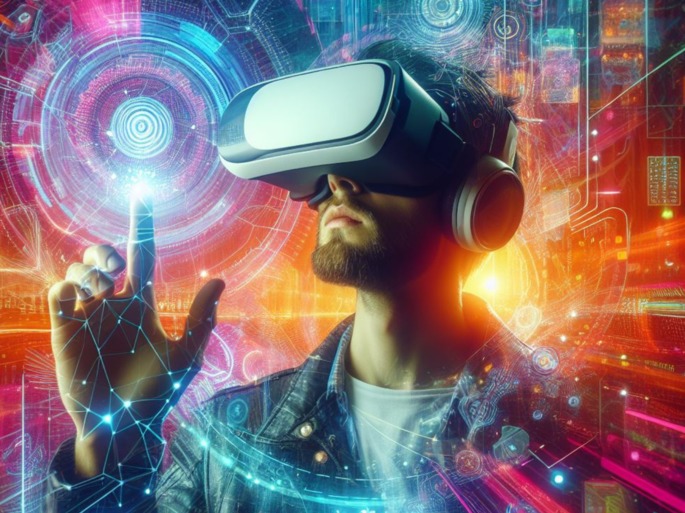 Homem usando um headset de realidade virtual e interagindo com uma interface digital complexa.