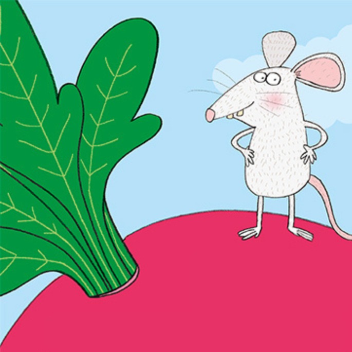 Capa do livro O grande rabanete, mostrando um rato de frente para um rabanete.